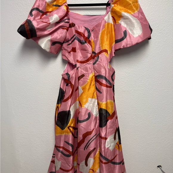Aureta Studio Pink Abstract Puff Sleeve Cutout Midi Dress NWT Size S Anthro - Picture 6 of 12